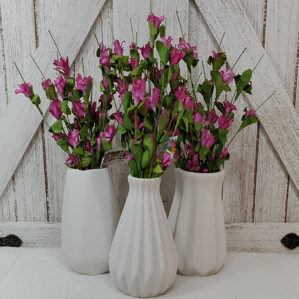 NEW Ceramic White Bud Vase Set of 3 with Pink Faux Flowers
